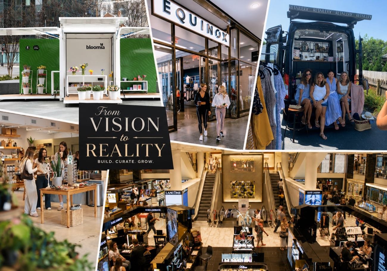 A collage of retail formats: a mobile flower truck, a fitness-club shop-in-shop, a branded retail van, a curated concept store interior, and a multi-level department store.